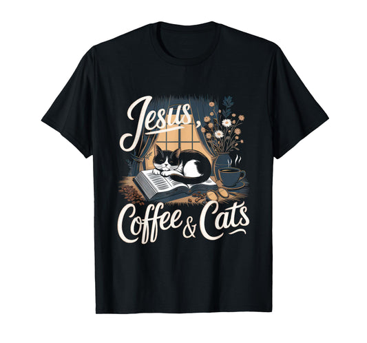 Jesus Coffee Cats Funny Cute Design Jesus Lovers Christian T-Shirt