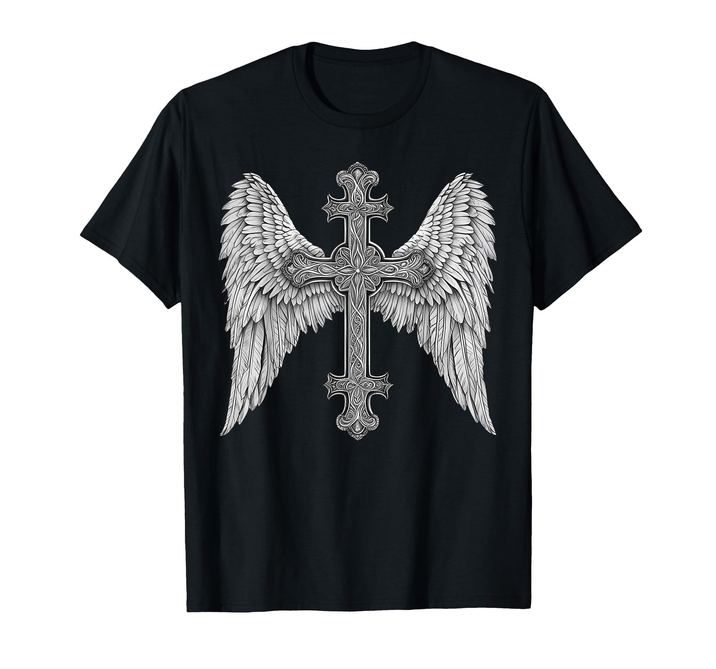 Gothic Cross and Angle Wings Graphic Punk Style Mens Womens T-Shirt