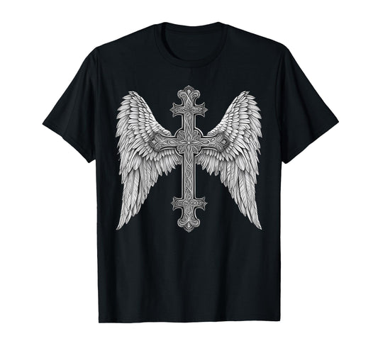Gothic Cross and Angle Wings Graphic Punk Style Mens Womens T-Shirt