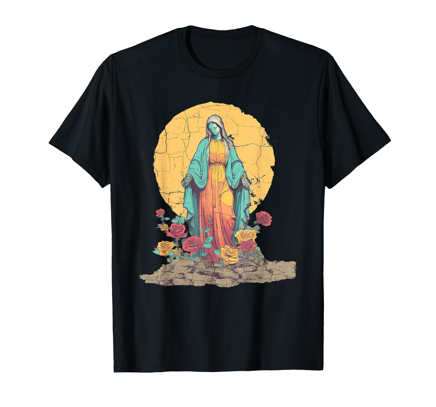 Vintage Mary Religious Art Roses Catholic Design T-Shirt