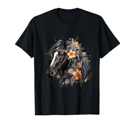 Floral Wild Horse Country Horse Riding T-Shirt, Small, Black