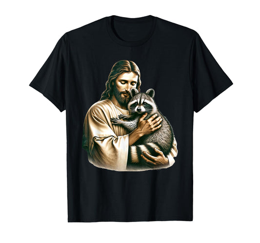 Vintage Distressed Jesus Hugging Raccoon Funny Raccoon Lover T-Shirt