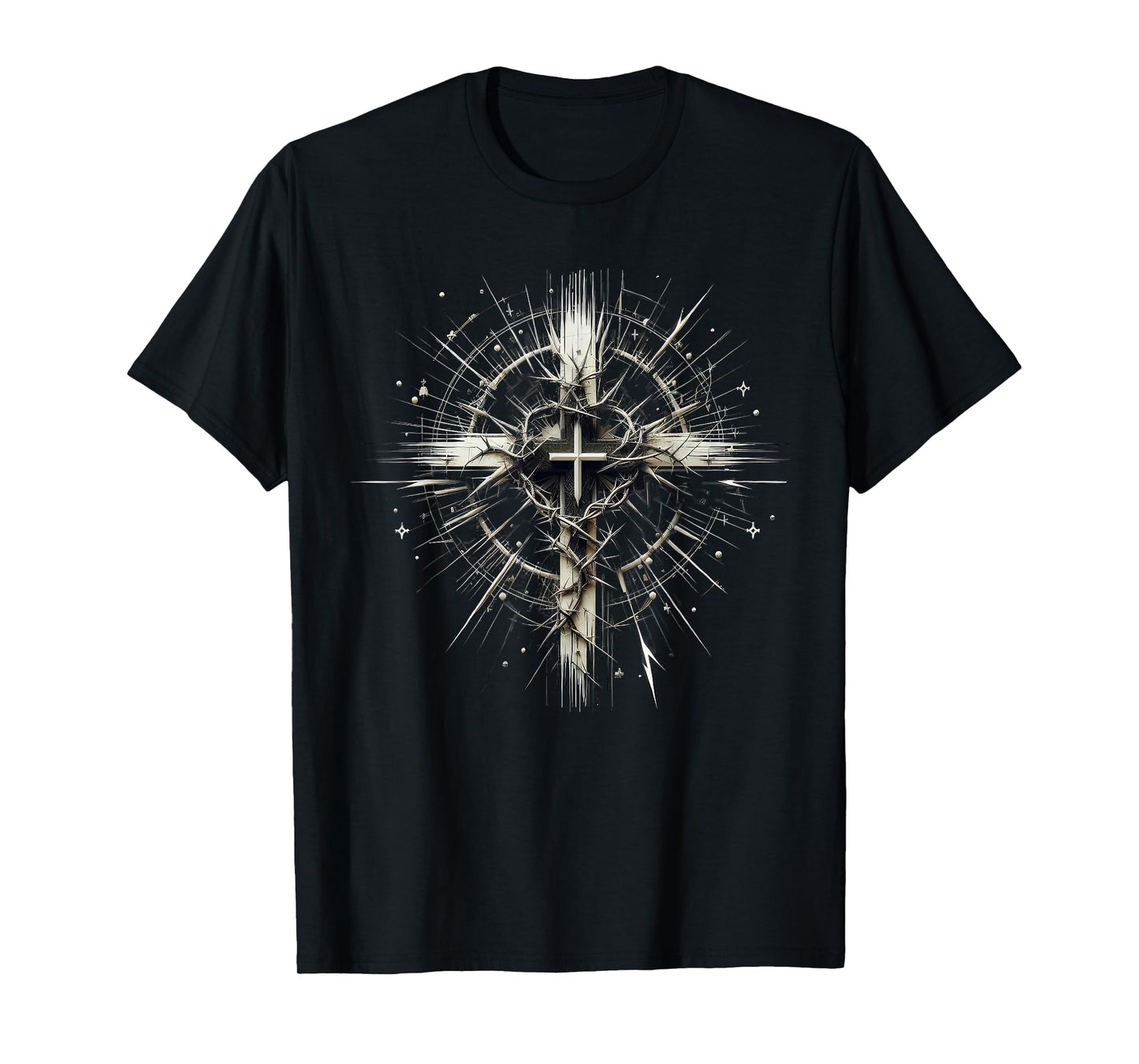 Edgy Punk Art Style Christian Cross Lightning Thorns Grunge T-Shirt
