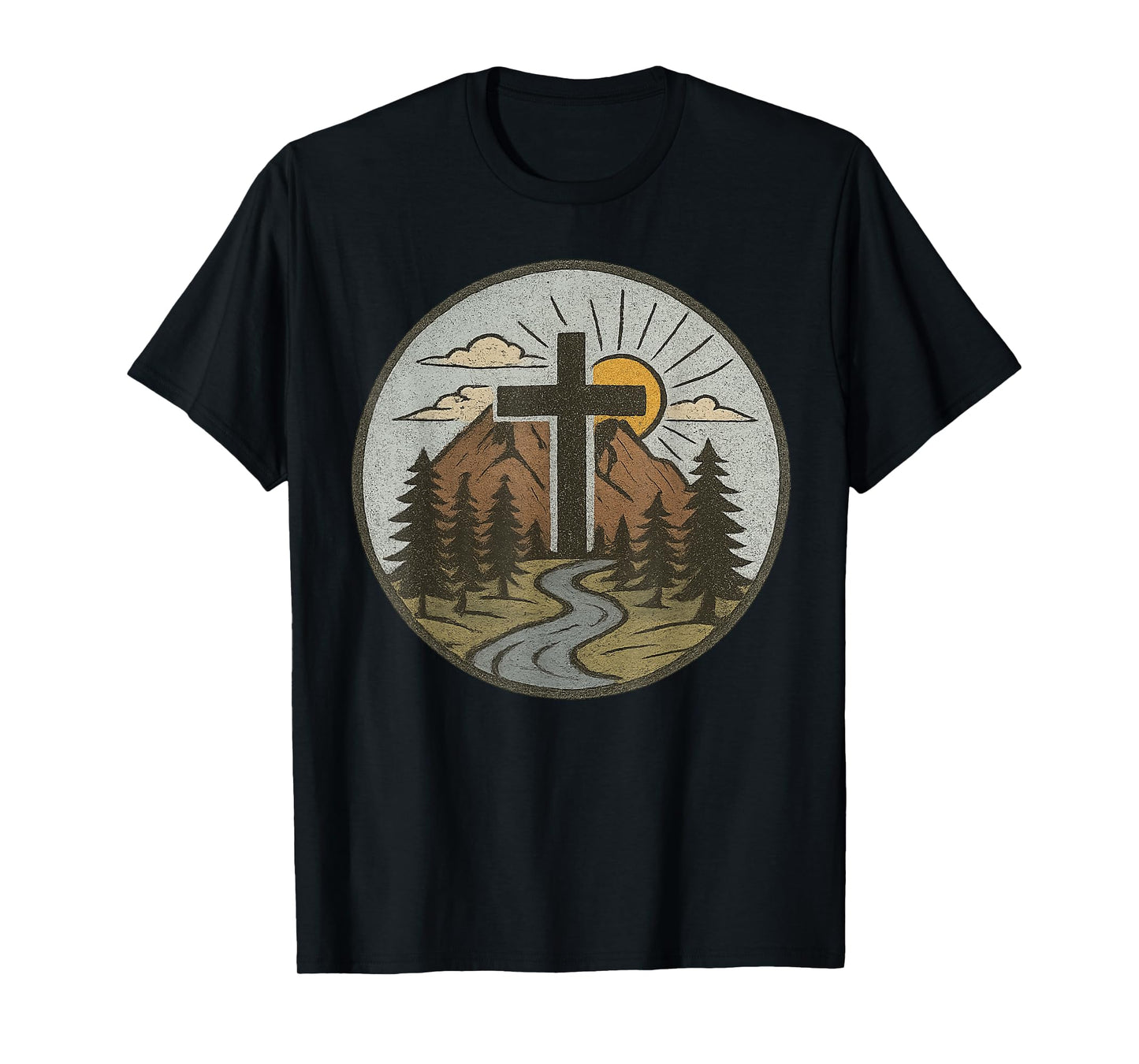 Christian Cross Mountains River Sunrise Faith-Inspired T-Shirt
