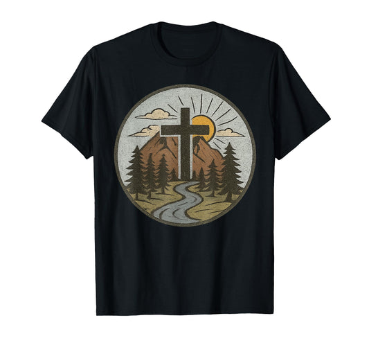 Christian Cross Mountains River Sunrise Faith-Inspired T-Shirt