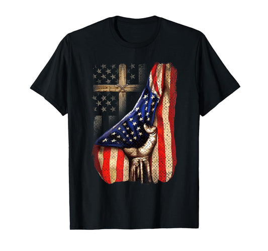 Cross Christ American Flag Pride Hand Christian Lover T-Shirt