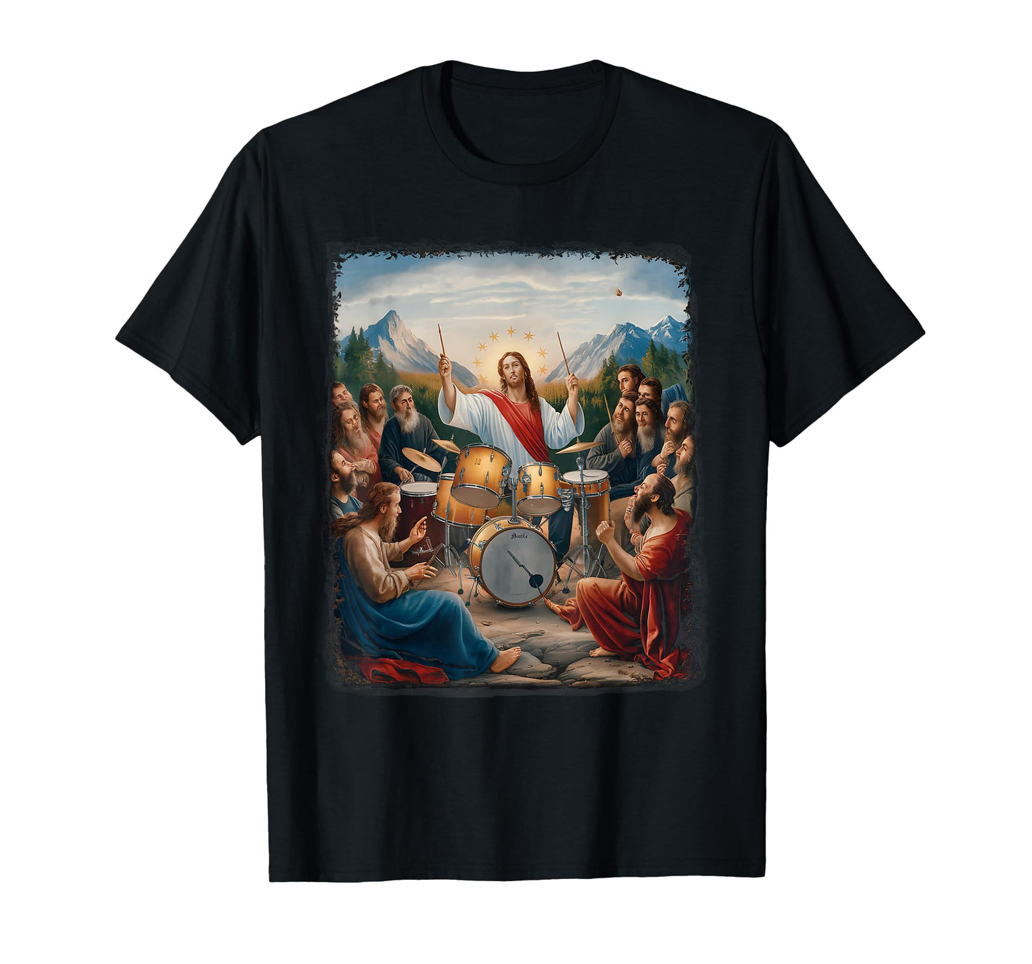 Jesus Playing Drums Funny Christian Drummer Painting T-Shirt