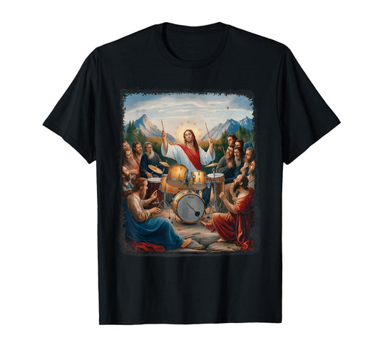 Jesus Playing Drums Funny Christian Drummer Painting T-Shirt