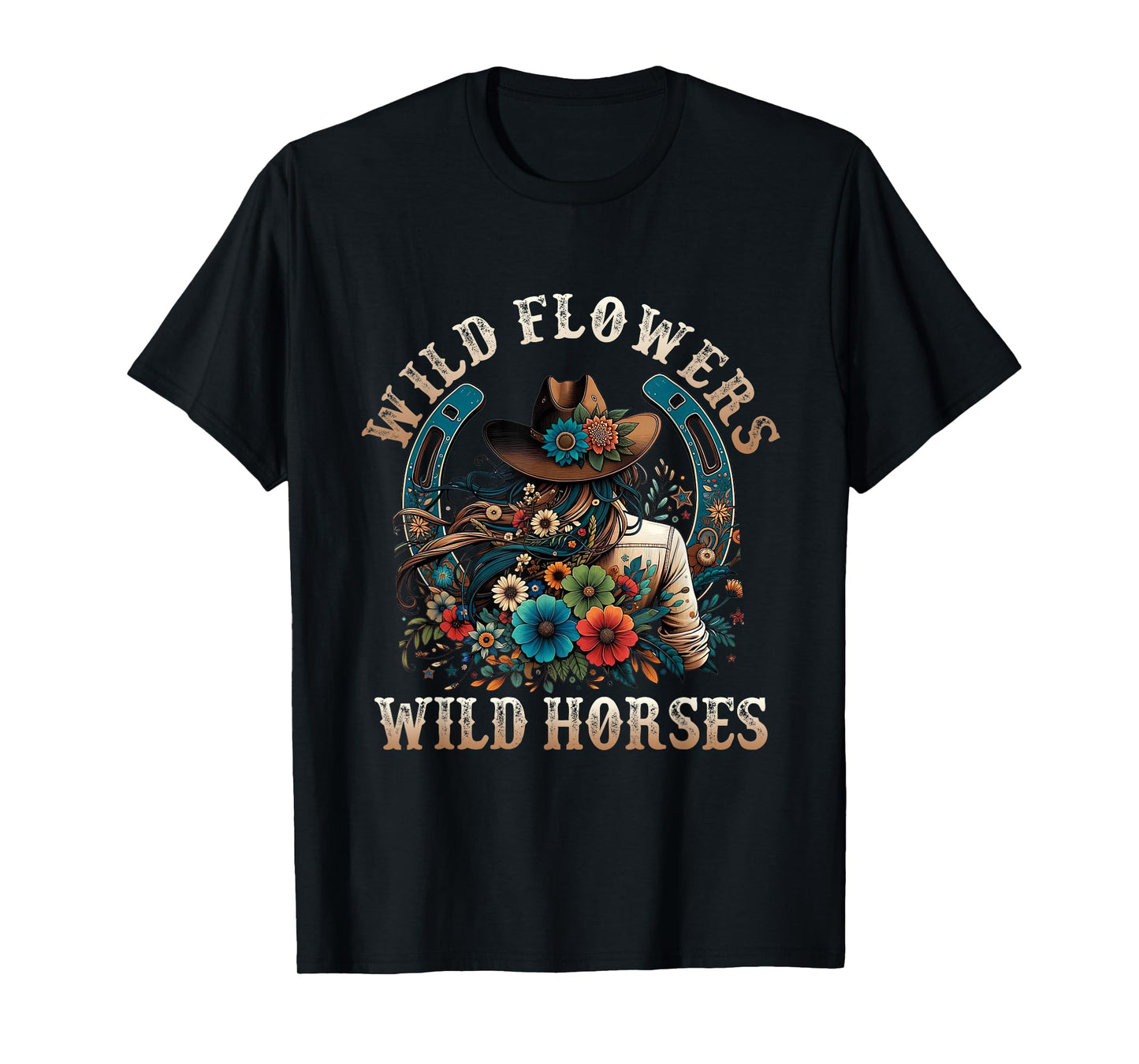 Retro Southern Sunset Cowgirl Wild Flowers - Wild Horses T-Shirt