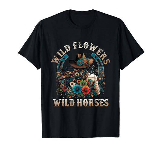Retro Southern Sunset Cowgirl Wild Flowers - Wild Horses T-Shirt