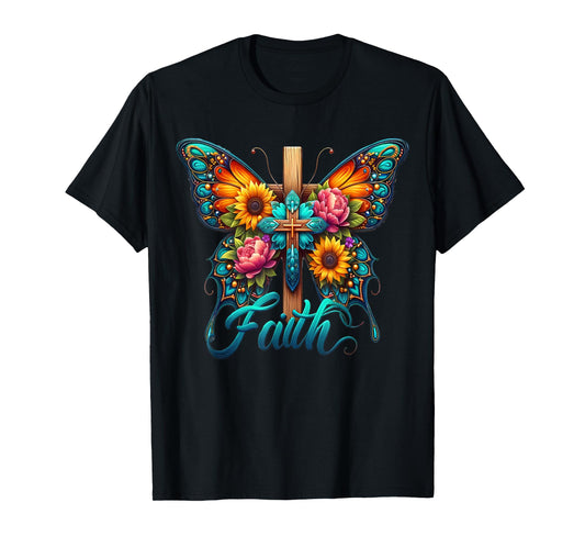 Faith Cross Sunflower Butterflies Flowers Christians Vintage T-Shirt