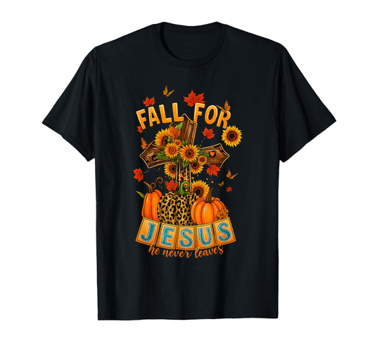 Fall for Jesus He Never Leaves Cross Faith Pumpkin Leopard T-Shirt