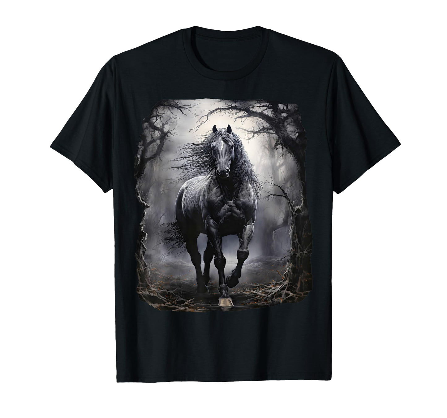 Beautiful black Horse running through the forest by night T-Shirt