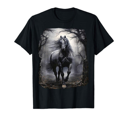 Beautiful black Horse running through the forest by night T-Shirt