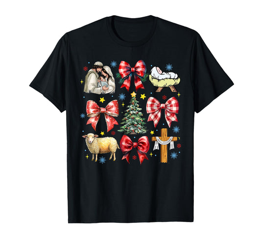Jesus Birth Christmas Coquette Bow Nativity Scene Christian T-Shirt