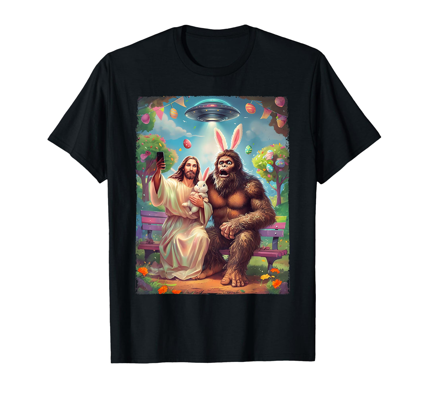 Bigfoot Bunny Funny Easter Jesus Sasquatch Selfie UFO Alien T-Shirt