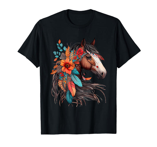 Floral Wild Horse Country Horse Riding T-Shirt, Small, Black