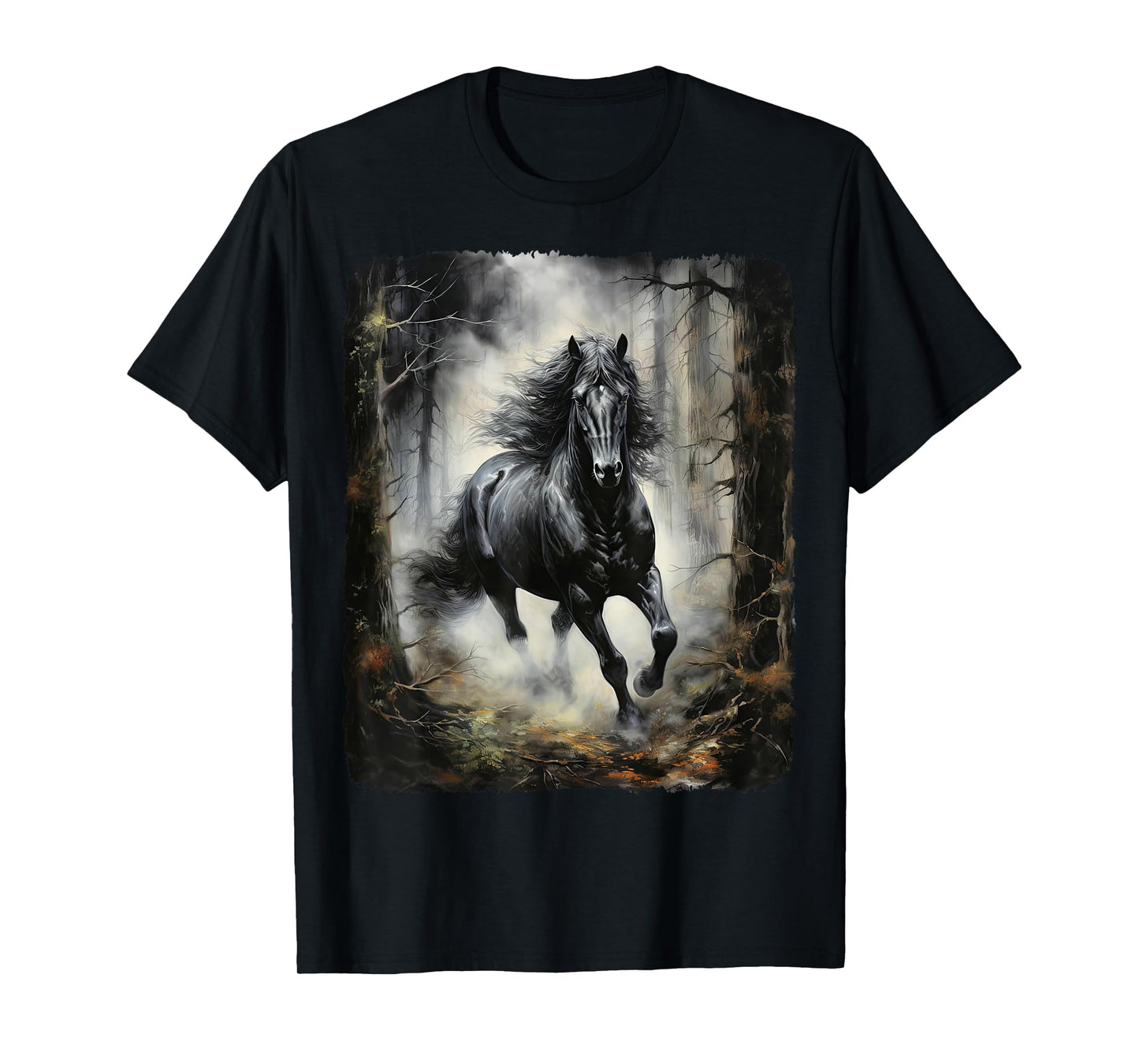 Beautiful black Horse running through the forest by night T-Shirt