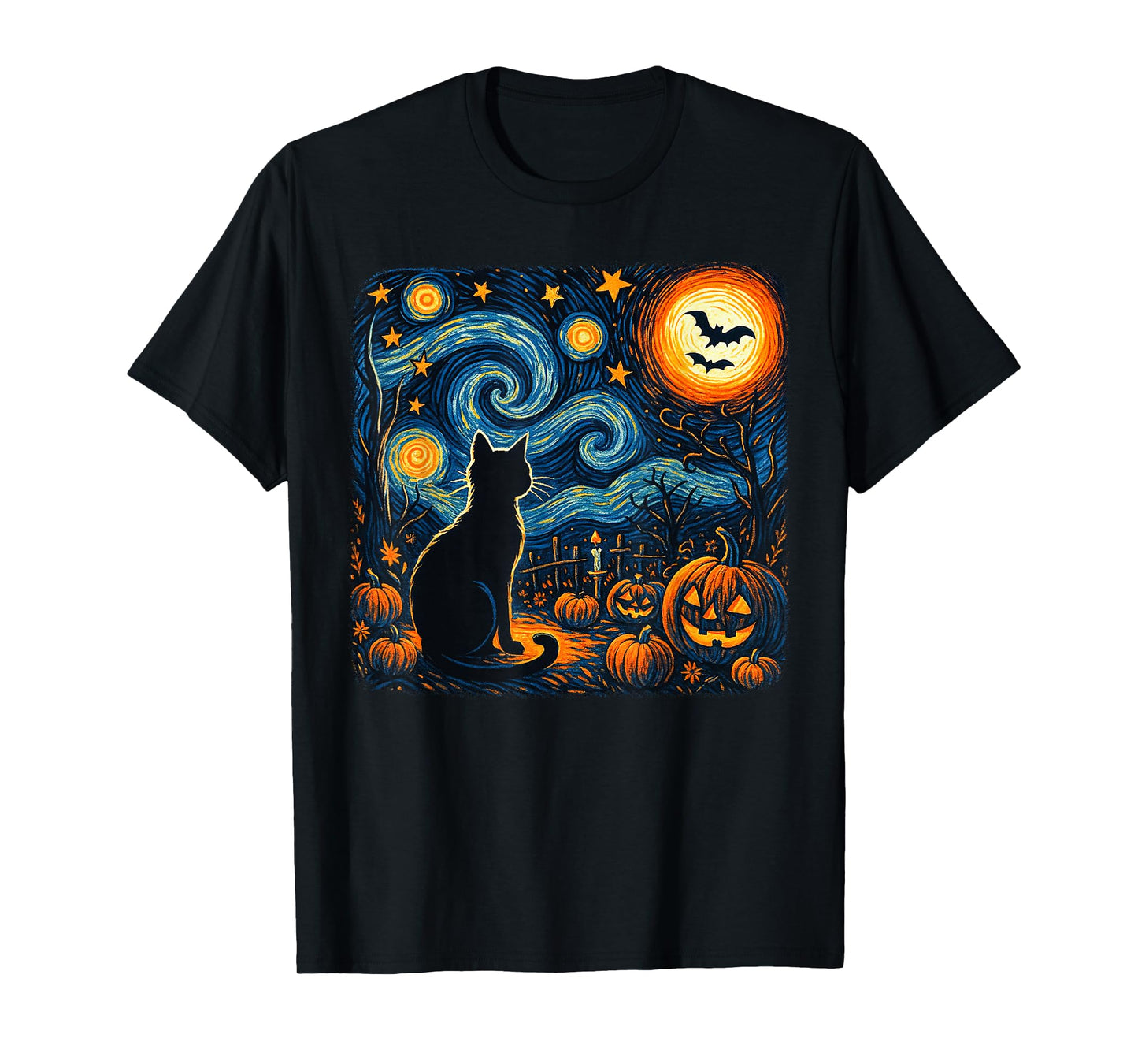 Halloween Black Cat Van Gogh Starry Night Cat Lovers Cat T-Shirt