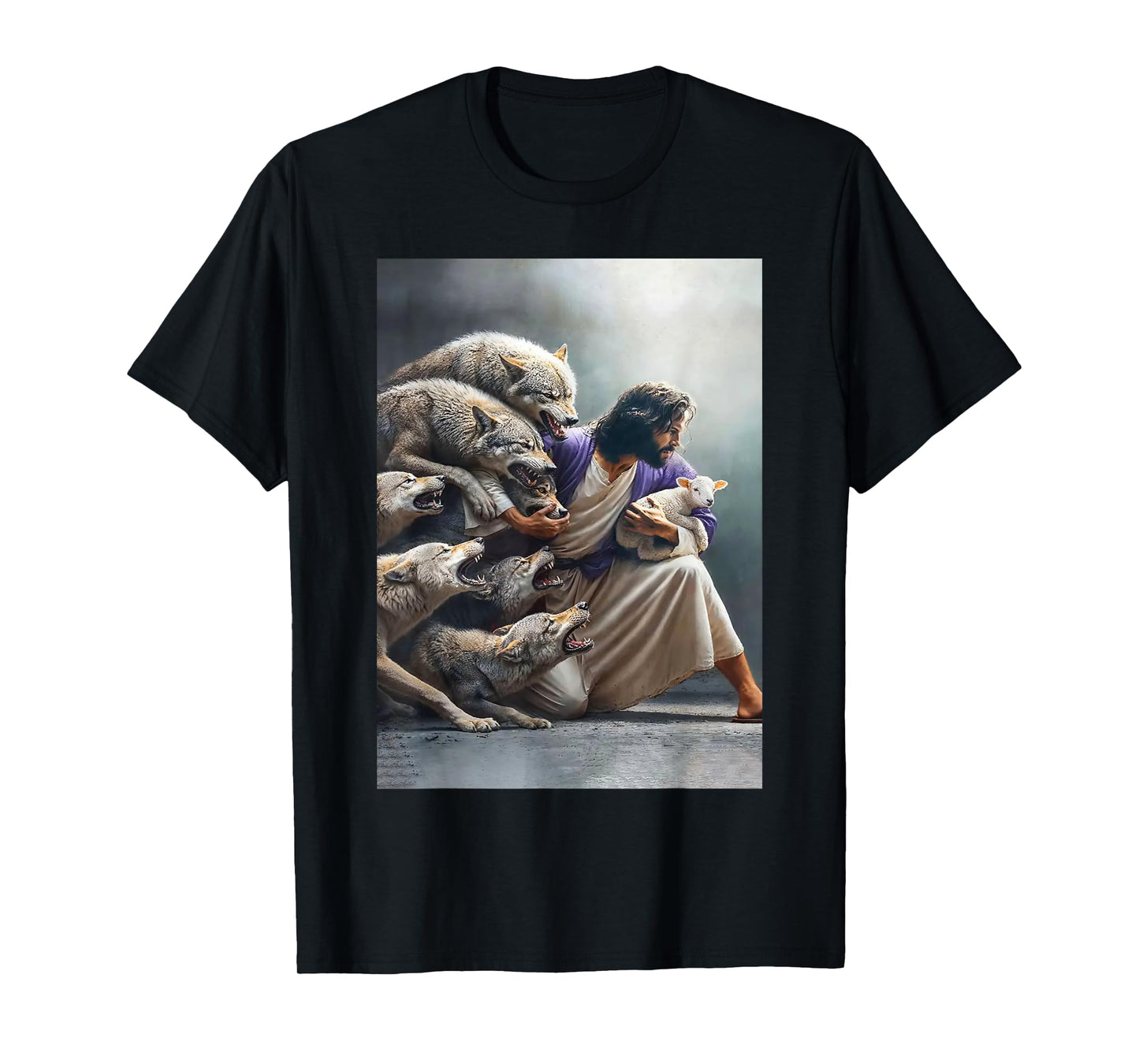 Jesus Protects The Lamb From Wolves Paint Art Religion T-Shirt