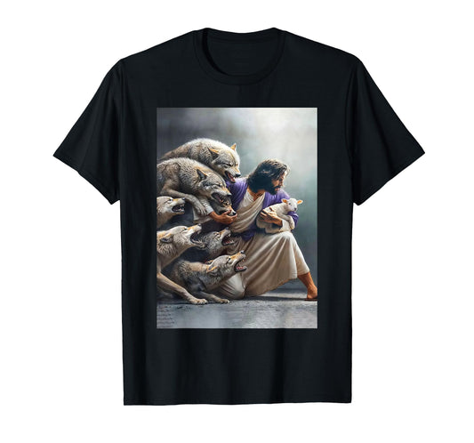 Jesus Protects The Lamb From Wolves Paint Art Religion T-Shirt