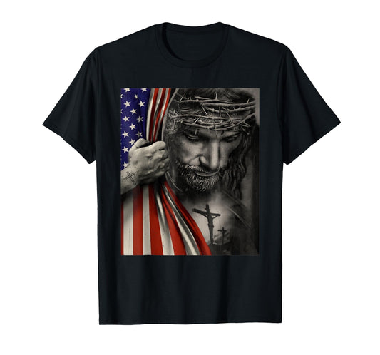 Vintage American Flag And Jesus Cross Christian Holiday T-Shirt