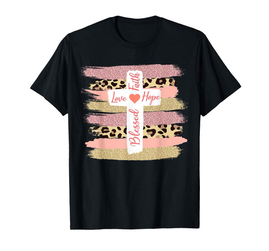 Christian Faith Love Hope Blessed - Cross Cheetah Ombre T-Shirt