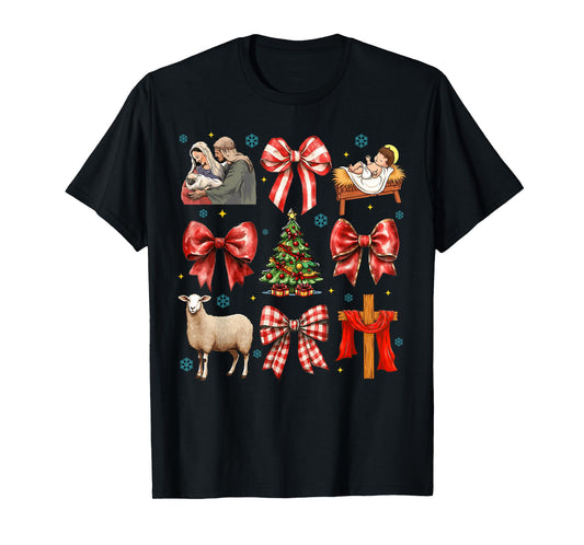 Coquette Bow Jesus Christmas Nativity Scene Christian Pajama T-Shirt