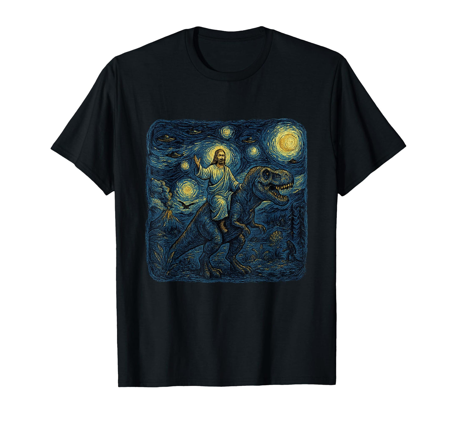 Jesus Riding Dinosaur Starry Night Funny Men Women UFOs T-Shirt