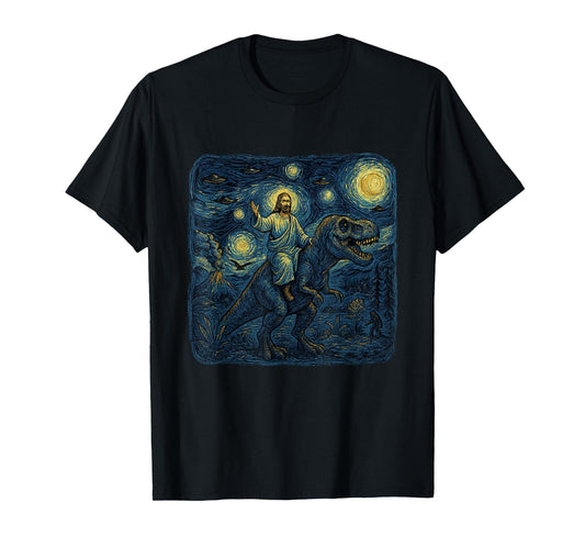 Jesus Riding Dinosaur Starry Night Funny Men Women UFOs T-Shirt
