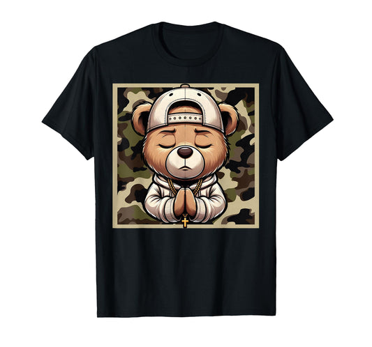 Camo Hip Hop Teddy Bear Praying Christian Streetwear Church T-Shirt