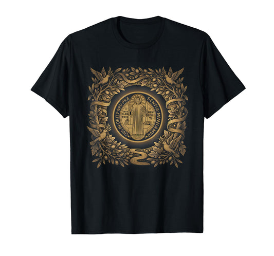 Sacred Saint Benedict Medal Dove Olive Wreath Design T-Shirt