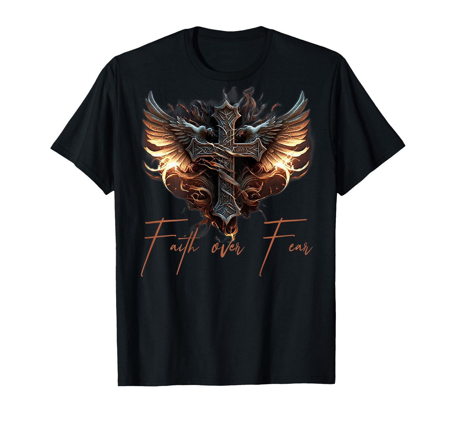 Biker Angel Wings Christian Cross Faith Over Fear - On Back T-Shirt