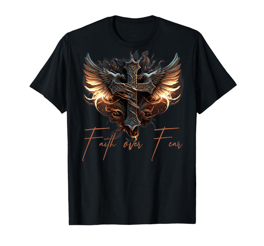 Biker Angel Wings Christian Cross Faith Over Fear - On Back T-Shirt