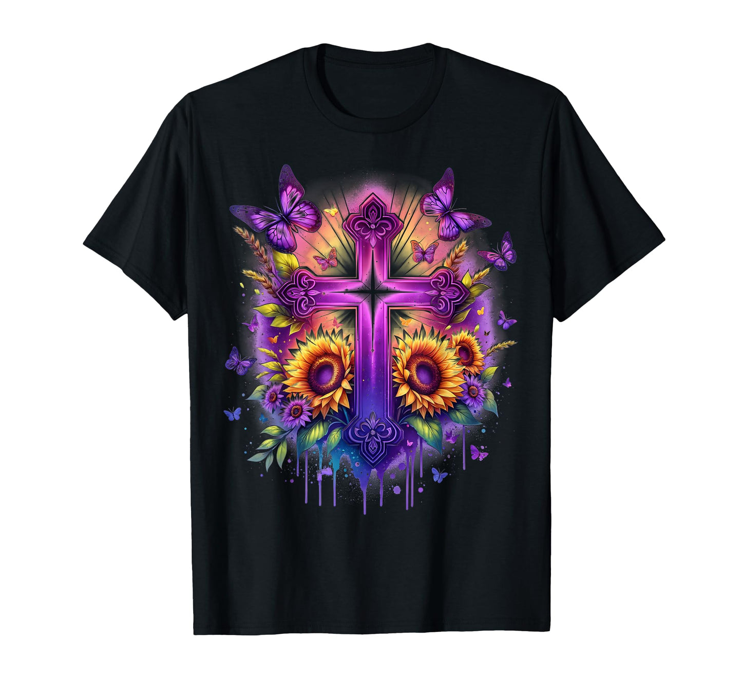 Vintage Faith Cross Sunflower Butterflies Flowers Christians T-Shirt