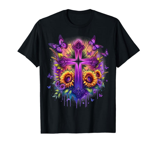 Vintage Faith Cross Sunflower Butterflies Flowers Christians T-Shirt