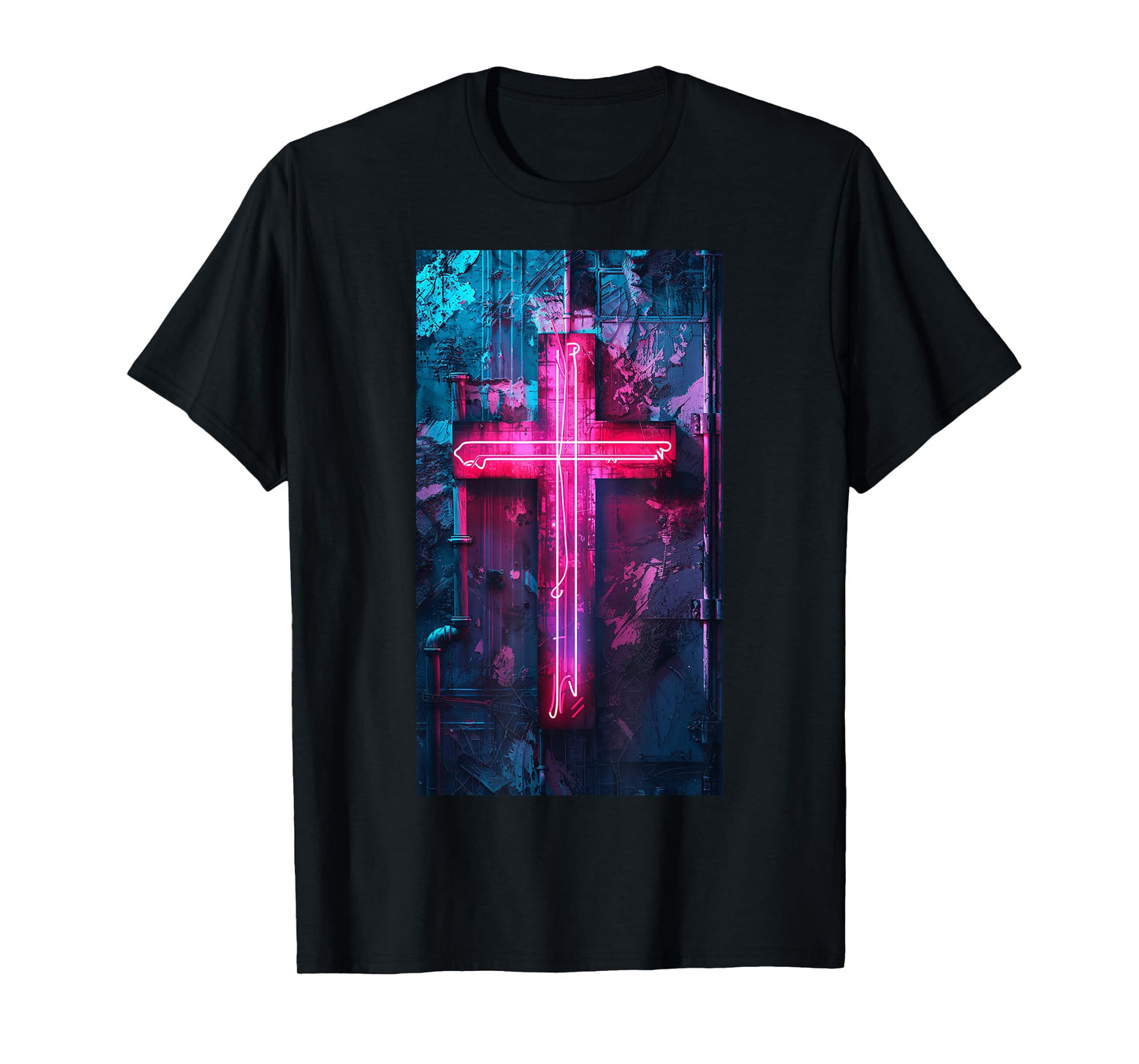 Neon Gothic Cross Neon cross Religious Cyberpunk T-Shirt