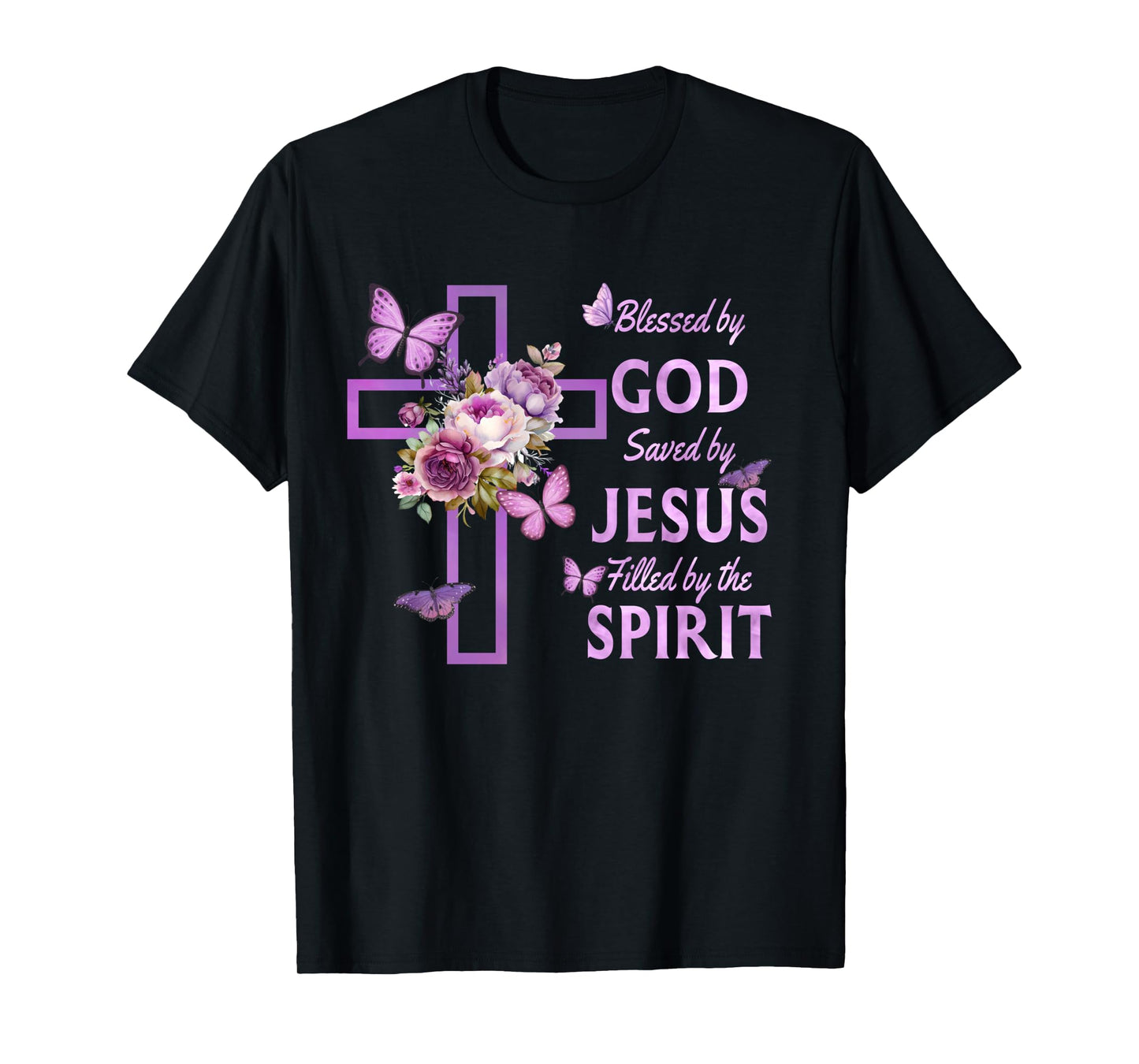 Blessed by God Saved by Jesus Purple Floral Cross Christian Long Sleeve T-Shirt