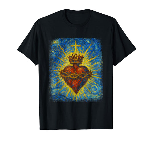 Sacred Heart of Jesus Catholic Christian Starry Night Art T-Shirt