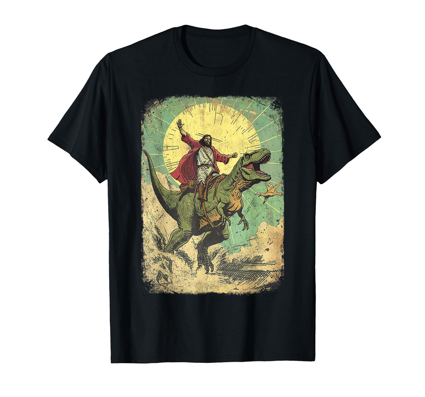 Jesus riding dinosaur Funny Christian retro dino raptor T-Shirt