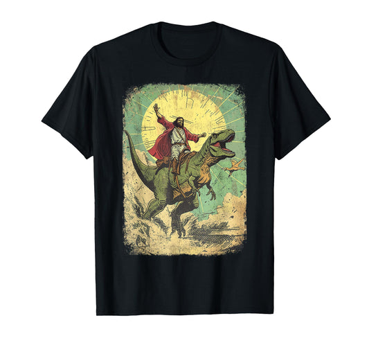 Jesus riding dinosaur Funny Christian retro dino raptor T-Shirt