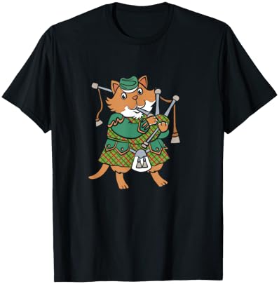 Scottish Kilt Cute Cat With Bagpipes Wearing Kilt Men Women Kids T-Shirt - T-Shirt | Black