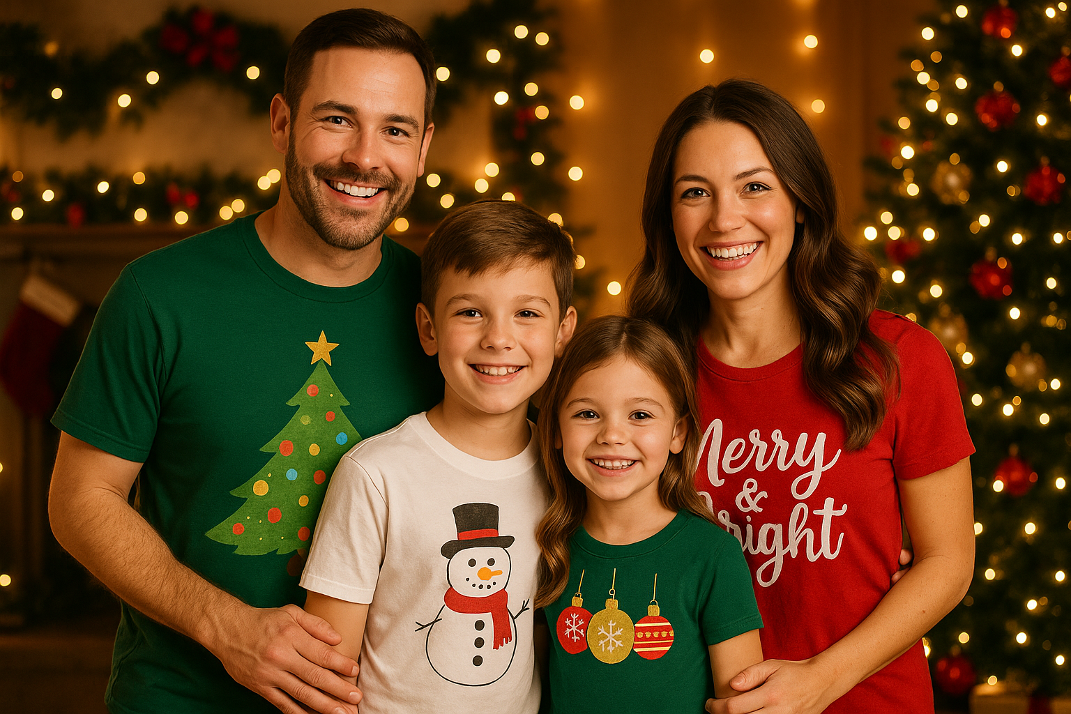 Tạo banner 1 gia đình tại mỹ hạnh phúc đang mặc những chiếc áo thun có in hình các chủ đề khác nhau, không khí giáng sinh